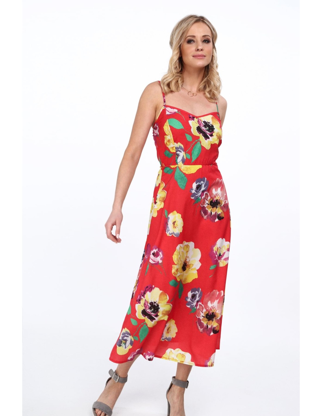 Red summer dress with flowers for everyday use MP60092 - Online store - Boutique